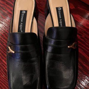 Etienne Aigner Slip On Mules Womens Shoe Black Leather Stacked Block Heels. Cond